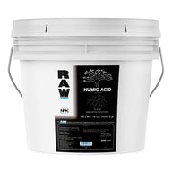 White 10lb bucket of RAW Humic Acid fertilizer for plants, with a black label showing a tree and roots.