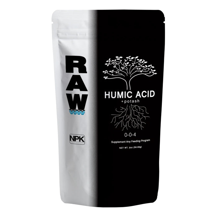 RAW Humic Acid + Potash 0-0-4 fertilizer, 2oz bag with tree and root graphic.