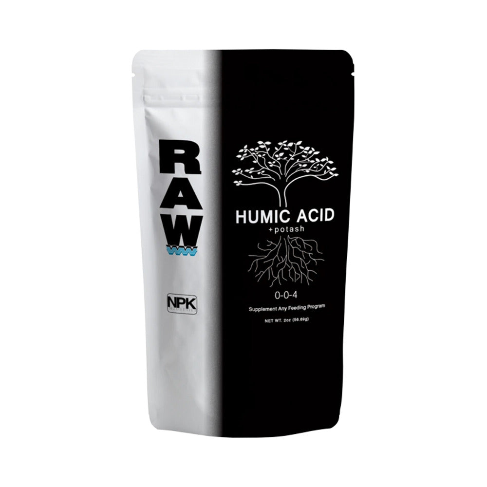 RAW Humic Acid + Potash 0-0-4 fertilizer, 2oz bag with tree and root graphic.