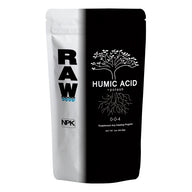 RAW Humic Acid + Potash 0-0-4 fertilizer, 2oz bag with tree and root graphic.