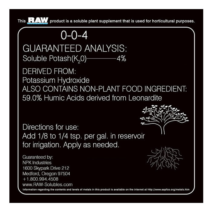 RAW Humic Acid 0-0-4 fertilizer label with plant and root illustration.