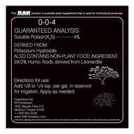RAW Humic Acid 0-0-4 fertilizer label with plant and root illustration.