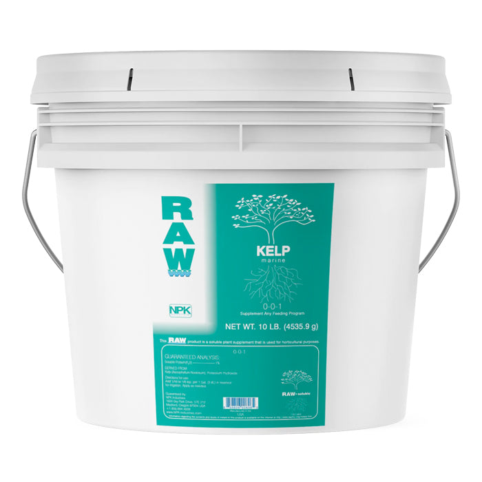 White 10 lb bucket of RAW Marine Kelp fertilizer with a green label featuring a tree and root graphic.