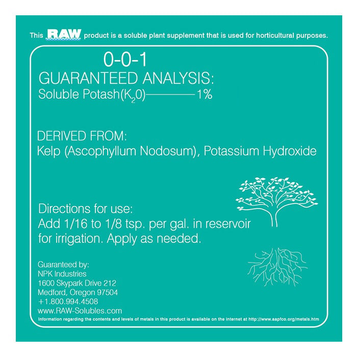 RAW Kelp 0-0-1 fertilizer label: Guaranteed analysis, derived from kelp, application instructions, and company info.