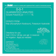 RAW Kelp 0-0-1 fertilizer label: Guaranteed analysis, derived from kelp, application instructions, and company info.