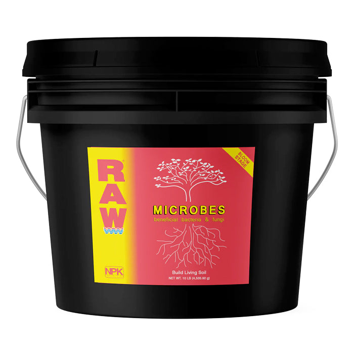 Black bucket of RAW Microbes, beneficial bacteria & fungi, for bloom stage plants.