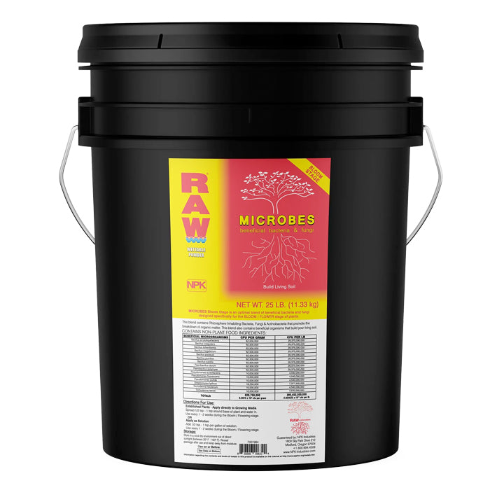 Black 25lb bucket of NPK Raw Microbes Bloom Stage beneficial bacteria and fungi for soil.