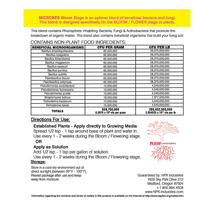 NPK Raw Microbes Bloom Stage label: chart of beneficial microorganisms & directions for use.