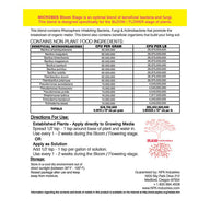 NPK Raw Microbes Bloom Stage label: chart of beneficial microorganisms & directions for use.