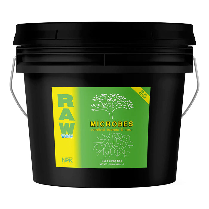 Black bucket labeled "RAW Microbes beneficial bacteria & fungi Grow Stage" for building living soil.