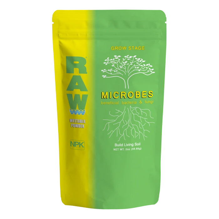 RAW Microbes Grow Stage wettable powder, 2oz bag with tree and roots graphic.