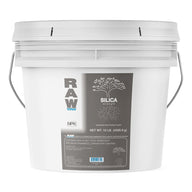 White bucket of RAW Silica Strength plant supplement, 10 lbs, with tree and roots graphic.