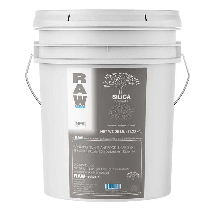 White 25lb bucket of RAW Silica Strength plant supplement with tree and root graphic.