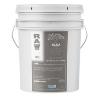 White 25lb bucket of RAW Silica Strength plant supplement with tree and root graphic.