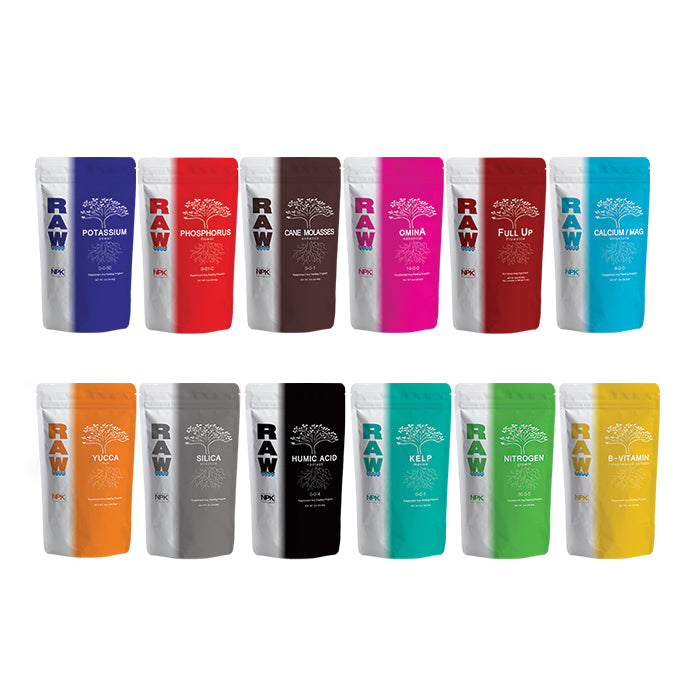 Variety of 12 RAW NPK plant nutrient fertilizer pouches in assorted colors and labels.