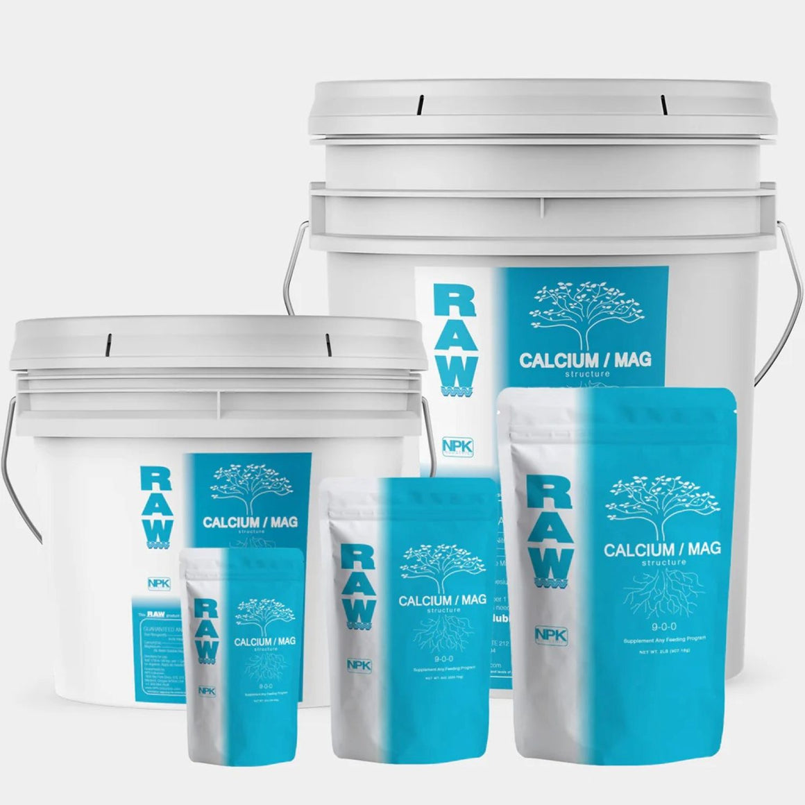 RAW Calcium/Mag nutrients in buckets and pouches.