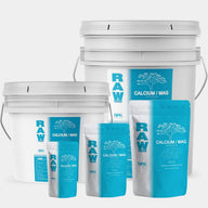 RAW Calcium/Mag nutrients in buckets and pouches.