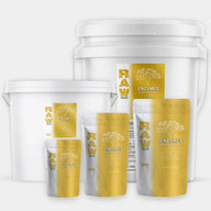 RAW Enzymes premium uncut plant nutrient in buckets and pouches.