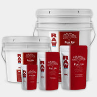 RAW Full Up Flowable NPK soil amending ingredient in buckets and pouches with red and white branding.