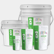 RAW Grow all-in-one fertilizer NPK 7-4-5 in buckets and pouches.