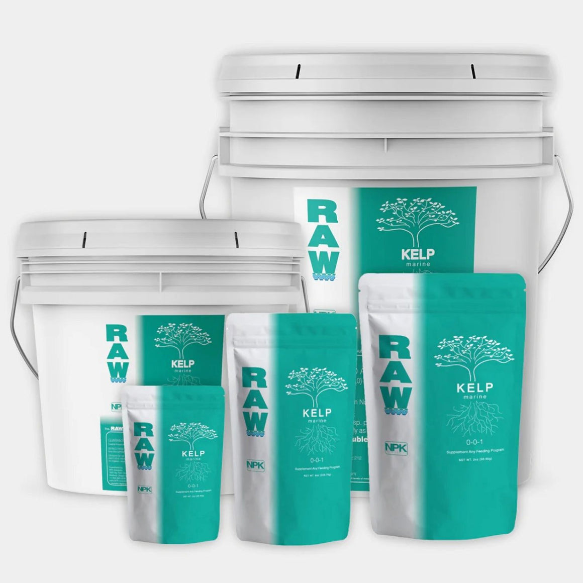 RAW Kelp marine NPK nutrient bottles and bags.