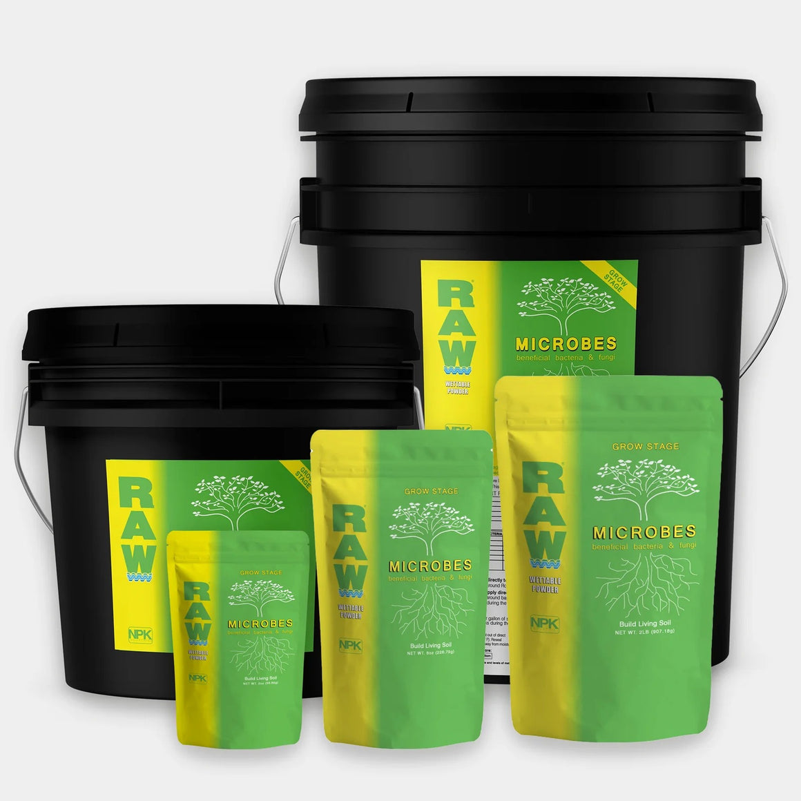 Black buckets and pouches of "RAW Microbes Grow Stage" soil nutrient product.