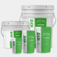 RAW Nitrogen Growth fertilizer in buckets and pouches with green labels and tree graphics.