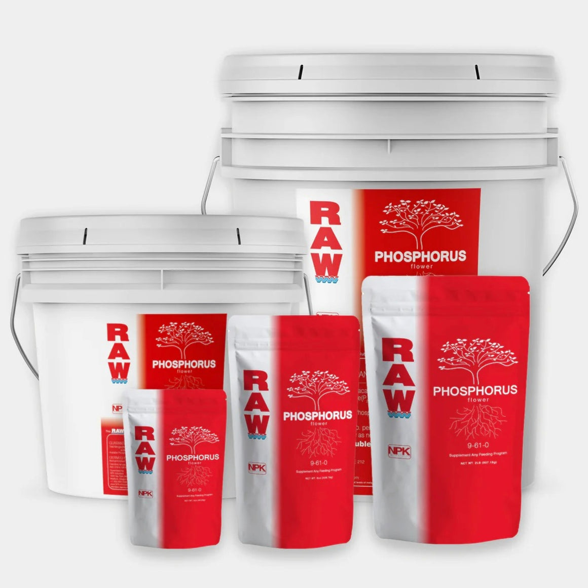 RAW NPK Phosphorus flower nutrients in buckets and bags.