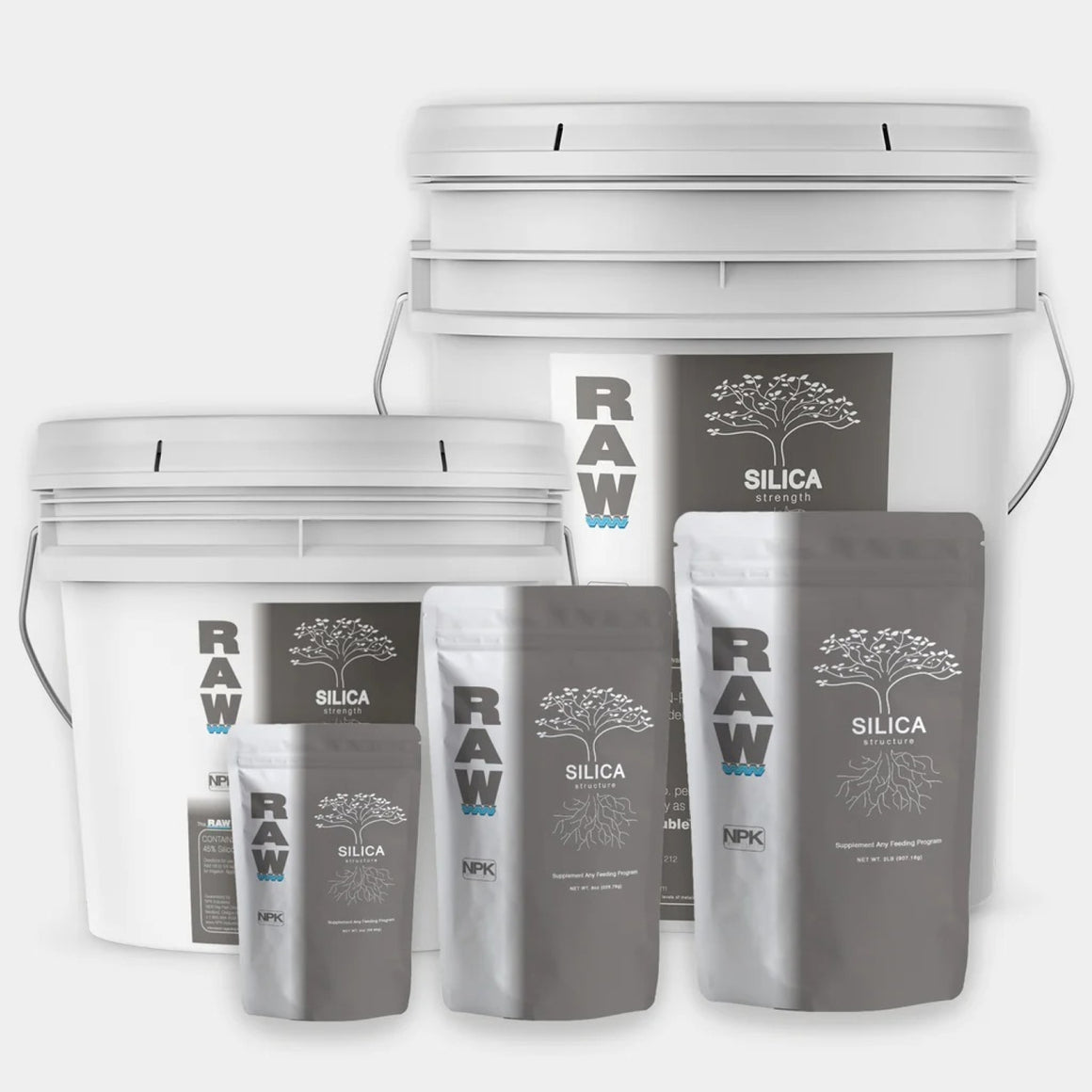 RAW Silica Structure nutrients in white buckets and grey pouches with tree and root graphics.