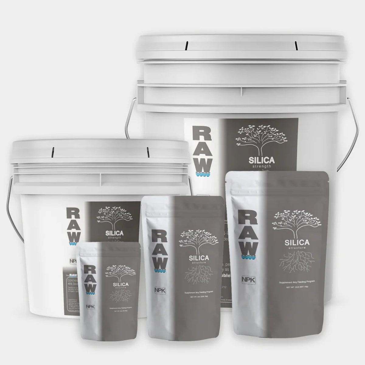 RAW Silica Structure nutrients in white buckets and grey pouches with tree and root graphics.