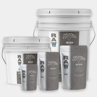 RAW Silica Structure nutrients in white buckets and grey pouches with tree and root graphics.