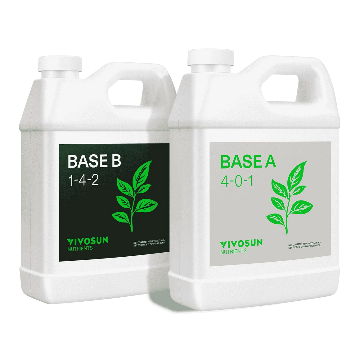 Two VIVOSUN NUTRIENTS white jugs, one labeled "BASE B 1-4-2" and the other "BASE A 4-0-1".