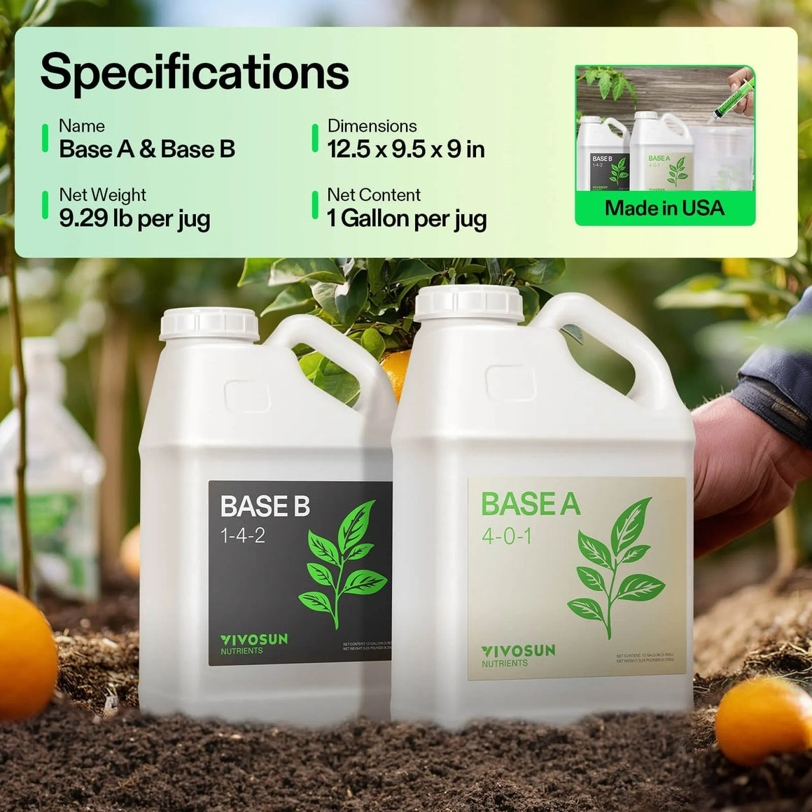 Two gallons of YIIVOSUN nutrients, Base A (4-0-1) & Base B (1-4-2), with specifications listed.