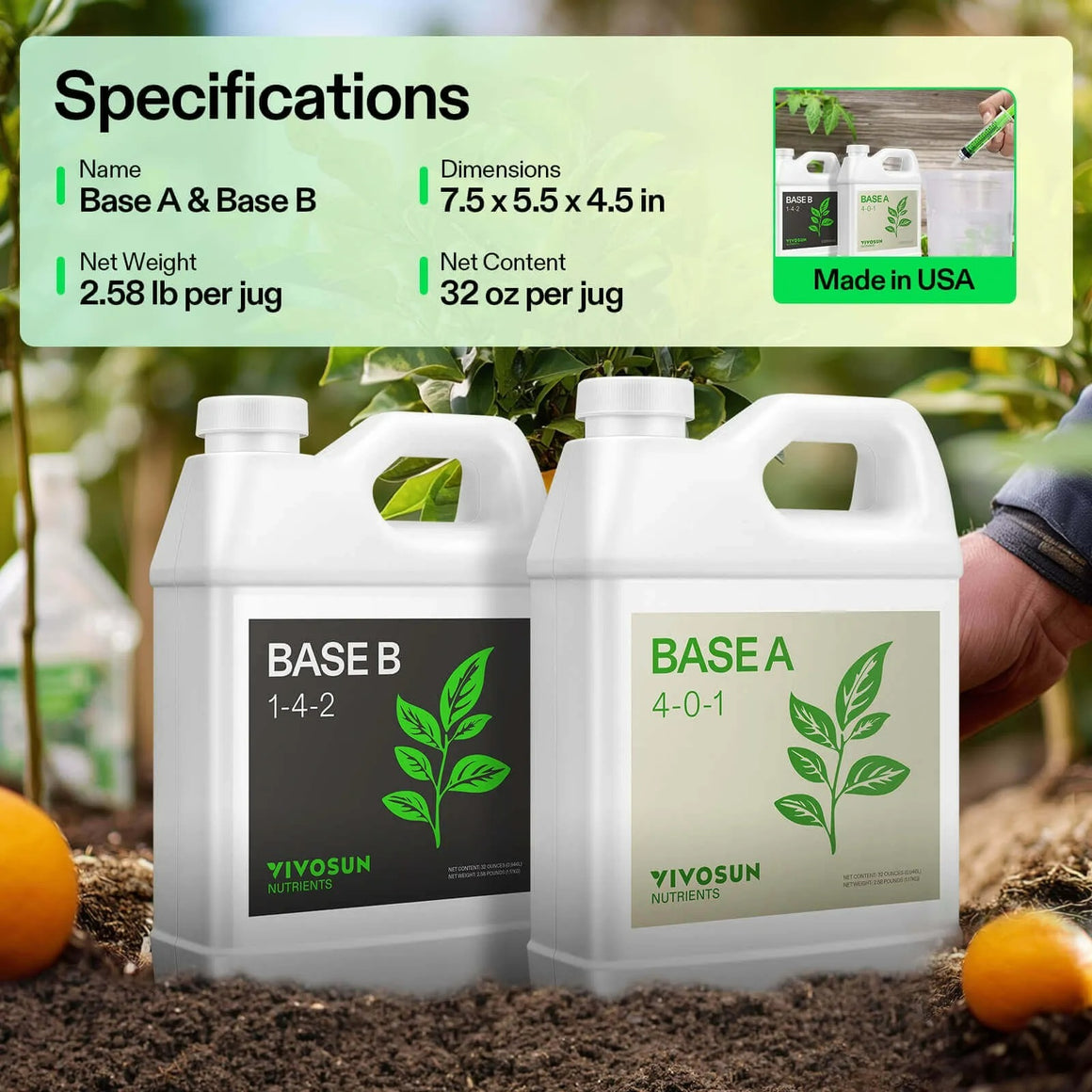 VIVOSUN Base A & Base B nutrient jugs, specifications, and Made in USA label.