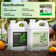 VIVOSUN Base A & Base B nutrient jugs, specifications, and Made in USA label.