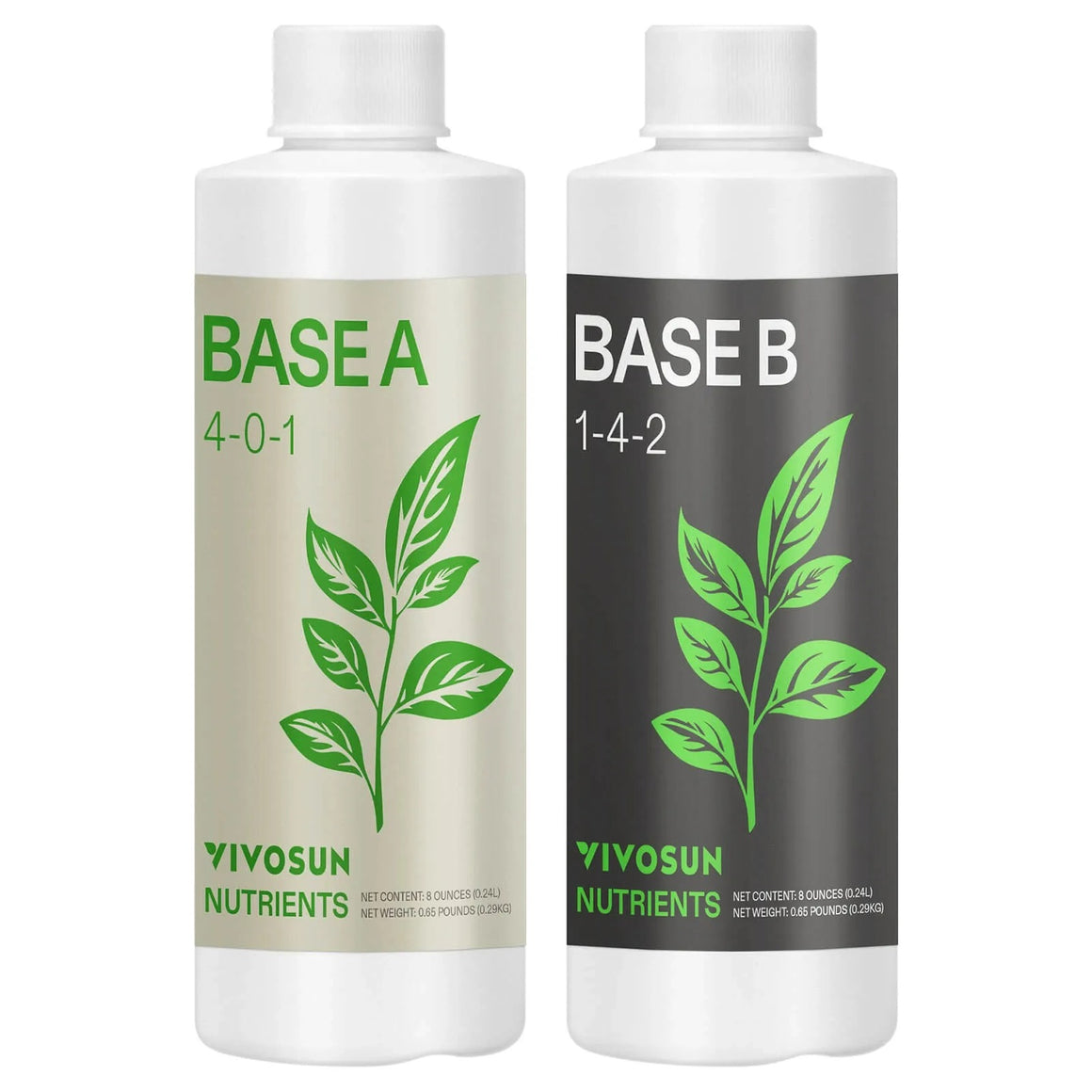 Two bottles of VIVOSUN Nutrients: Base A (4-0-1) and Base B (1-4-2).