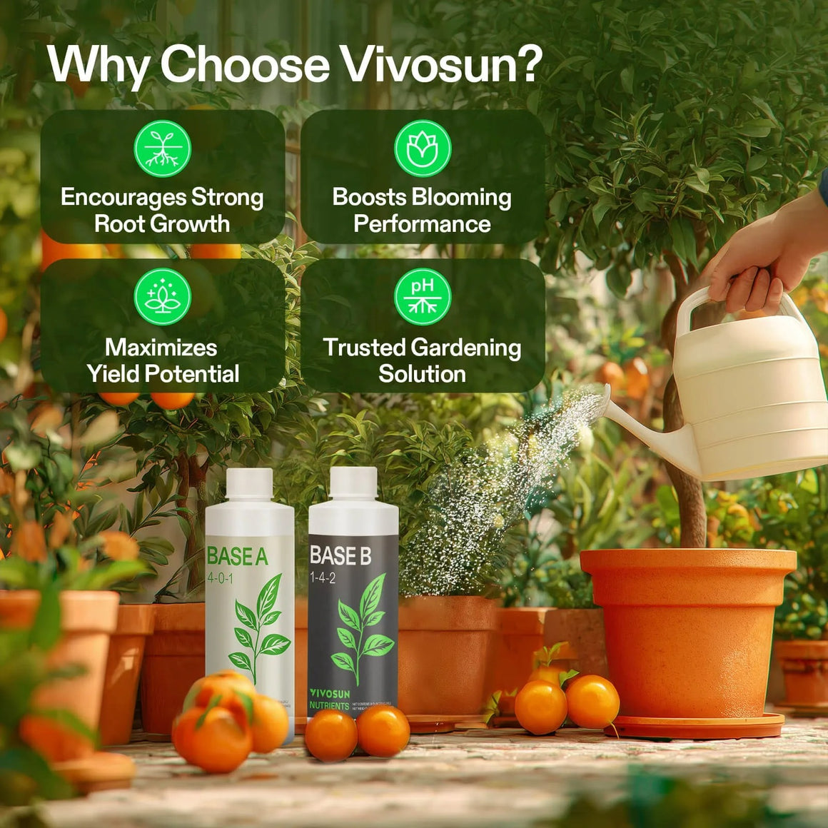 Vivosun Base A & B nutrient bottles watering a plant with oranges nearby, highlighting root growth, blooming, yield potential, and trusted gardening solutions.