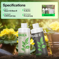 Two bottles of Yivosun nutrients Base A & B, 8oz each, with plant imagery and specifications.