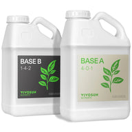 VIVOSUN Base A (4-0-1) and Base B (1-4-2) nutrient jugs with plant imagery.