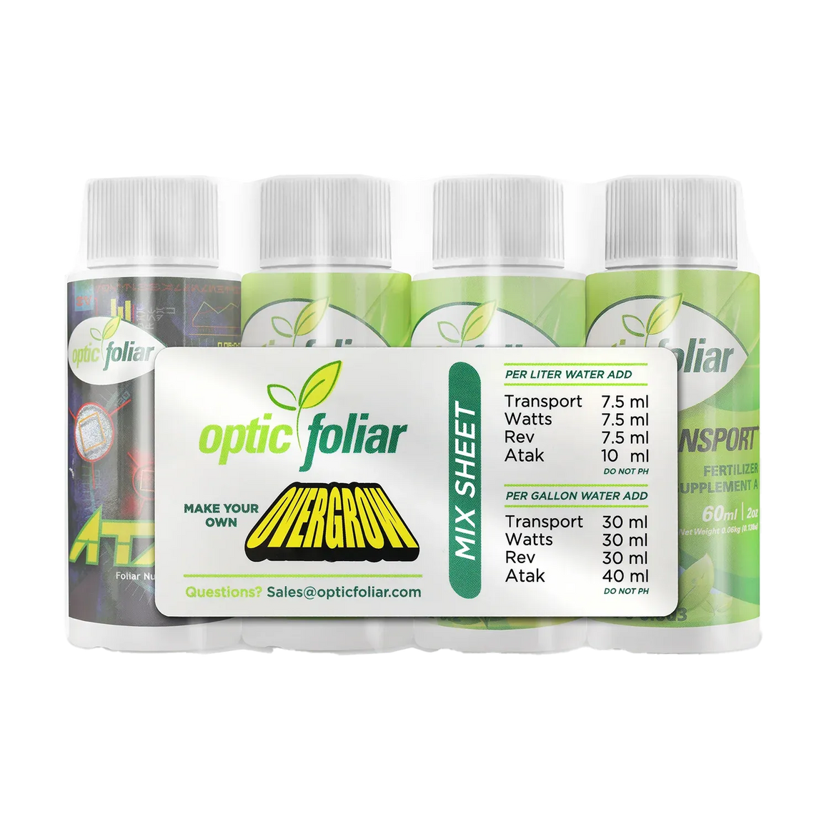 Optic Foliar 60ml starter pack with four bottles and a mix sheet for plant nutrition.