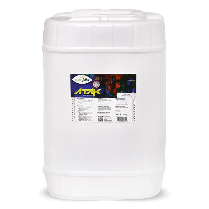 White plastic drum labeled "Optic Foliar ATAK" with nutritional information.