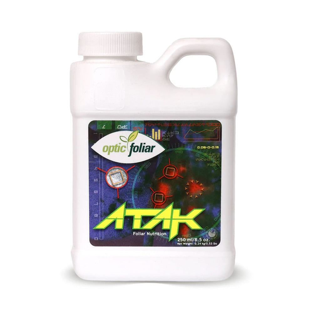 Optic Foliar ATAK fertilizer bottle, 250ml, with green leaf logo and "Foliar Nutrition" text.