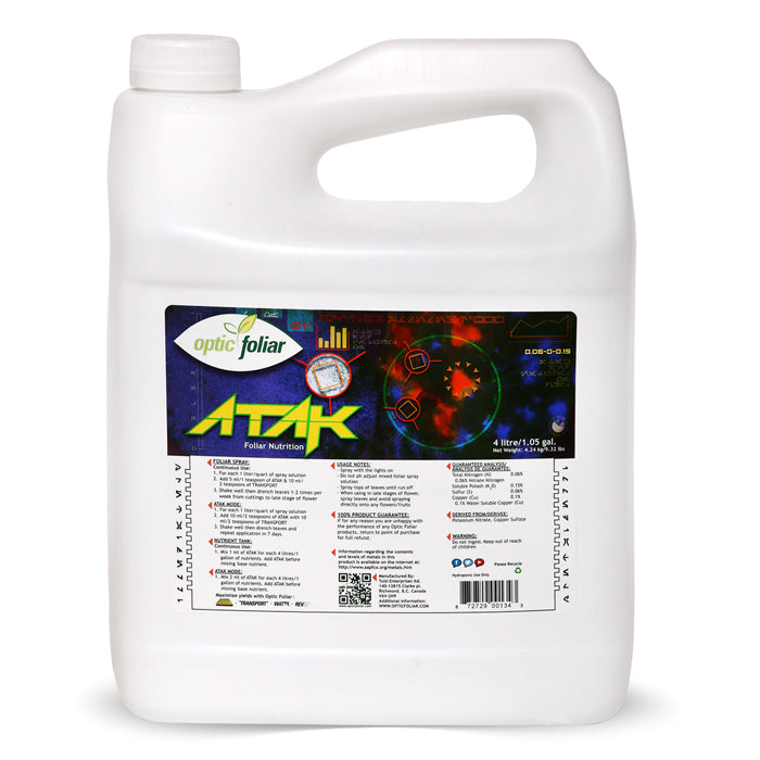 Optic Foliar ATAK 4L bottle with prominent label detailing "Foliar Nutrition".