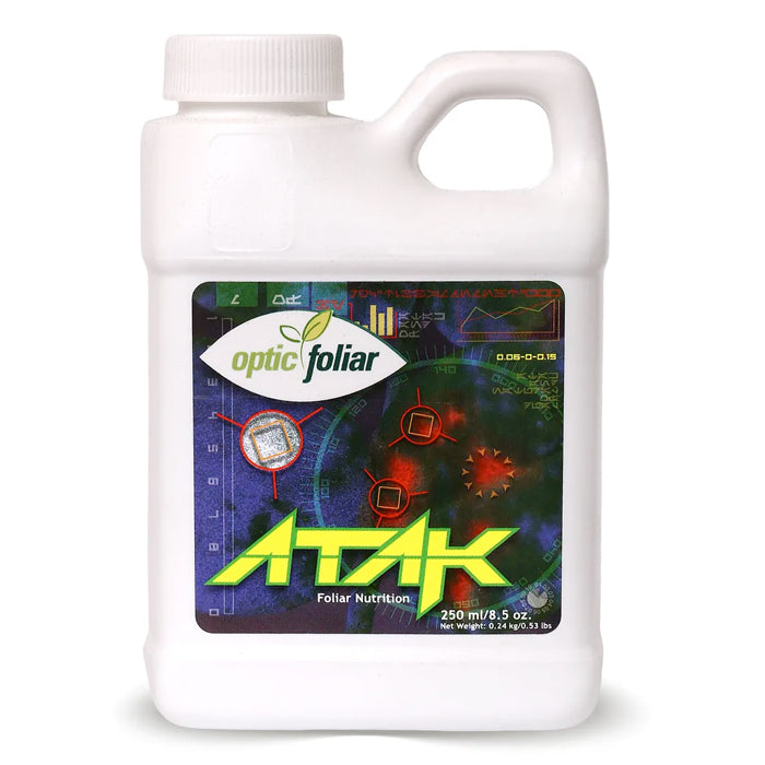 Optic Foliar ATAK 8.5 oz bottle. Green leaf logo, "ATAK" in yellow text.