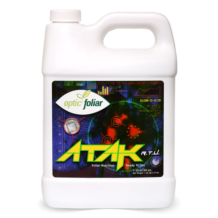 Optic Foliar ATAK RTU 1L: White jug with a label showing a futuristic design, green leaves, and "ATAK" in bold yellow letters.