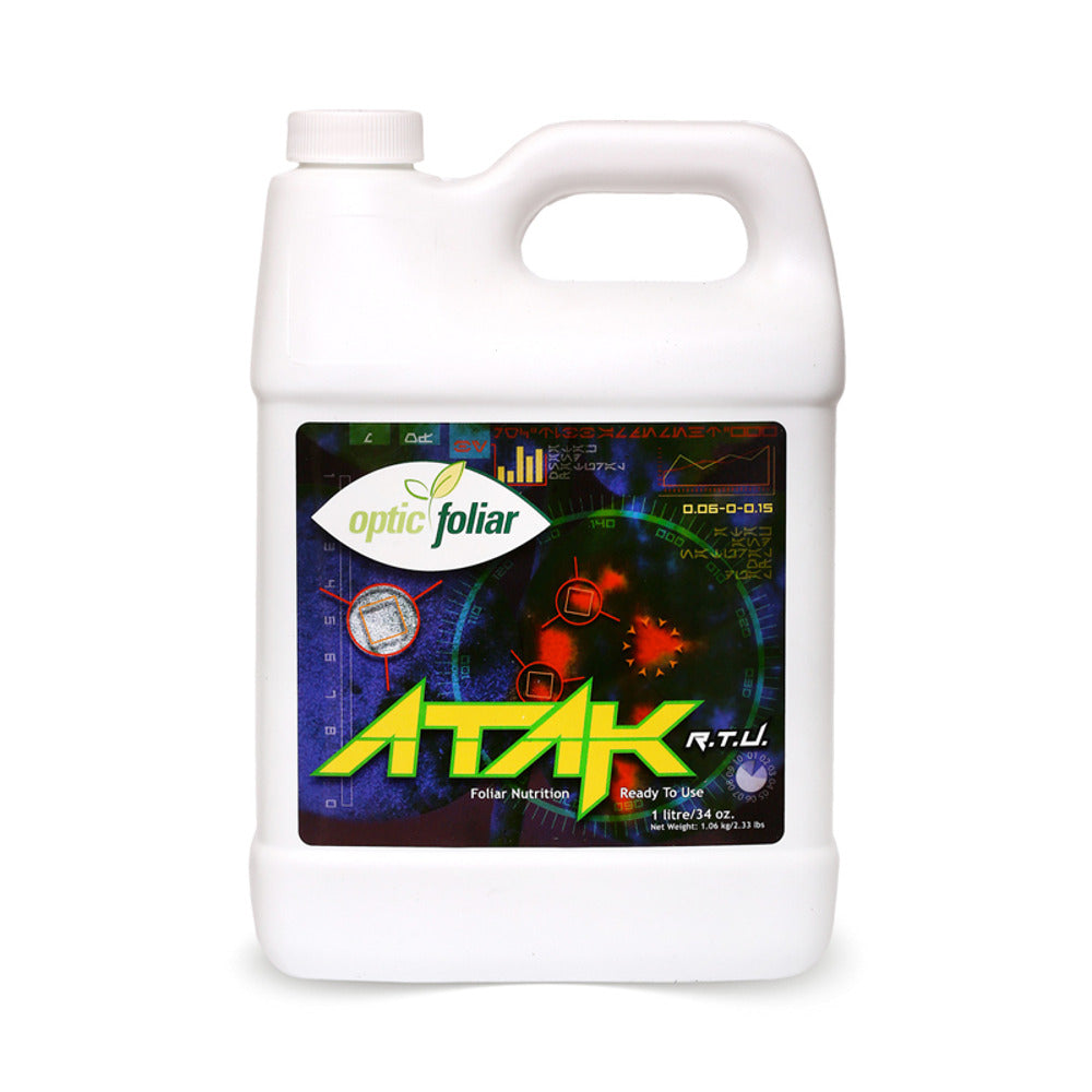 Optic Foliar ATAK RTU 1L: White jug with a label showing a futuristic design, green leaves, and "ATAK" in bold yellow letters.