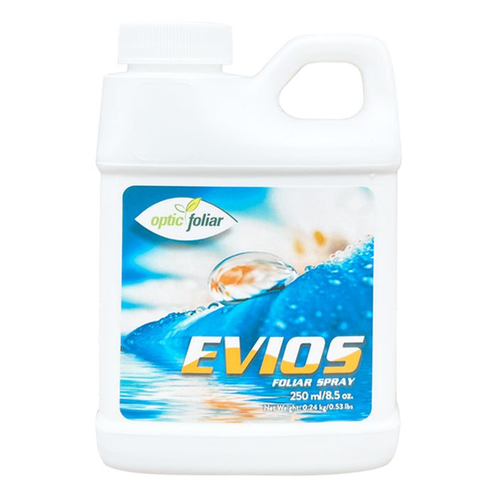 Optic Foliar EVIOS foliar spray bottle with blue and white label.
