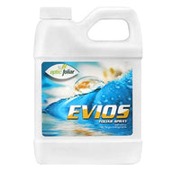 Optic Foliar EVIOS foliar spray in a white jug. Blue and yellow label with water droplets.
