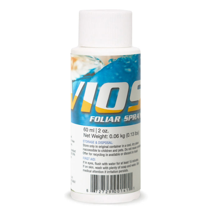 Bottle of EVIOS 60ml foliar spray, with text and a blue, yellow, and white label.