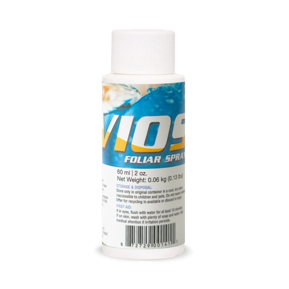 Bottle of EVIOS 60ml foliar spray, with text and a blue, yellow, and white label.